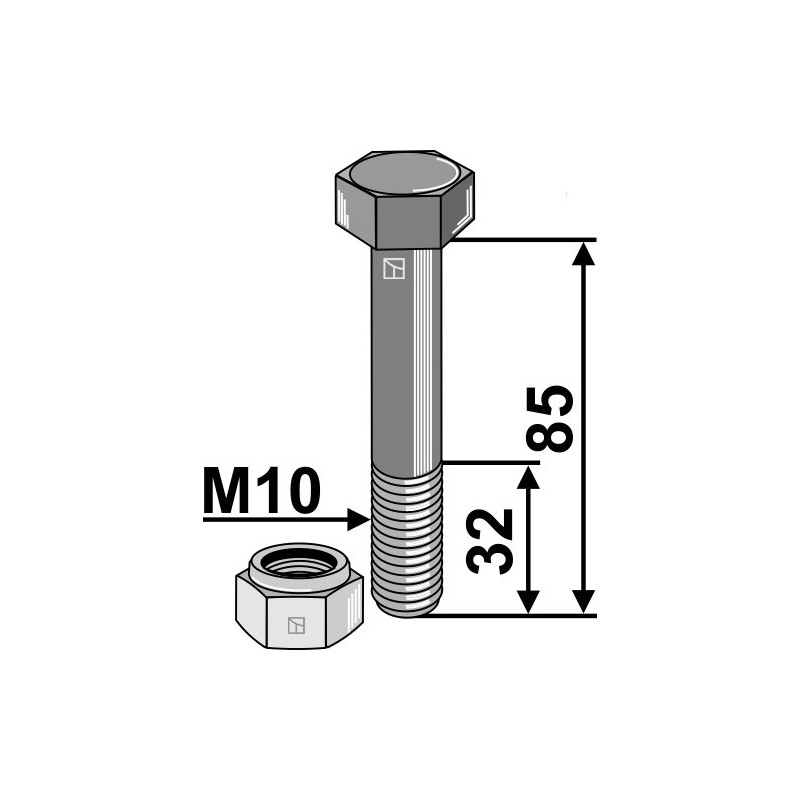 Boulon avec écrou frein - M10x1,5 - 10.9 - Bomford - 03.675.25 - 05.775.02