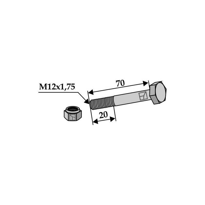 Boulon avec écrou frein - M12x1,75 - 10.9 - Maletti - MA0000149