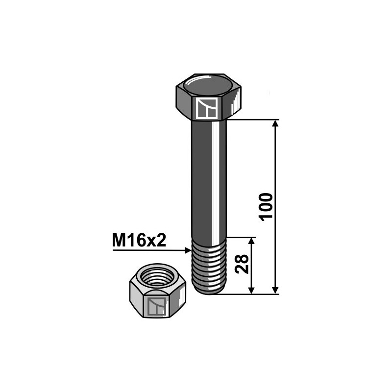 Boulon avec écrou frein - M16 x 2 - 10.9 - Müthing - Schraube: MU980408 / Mutter: MU980401