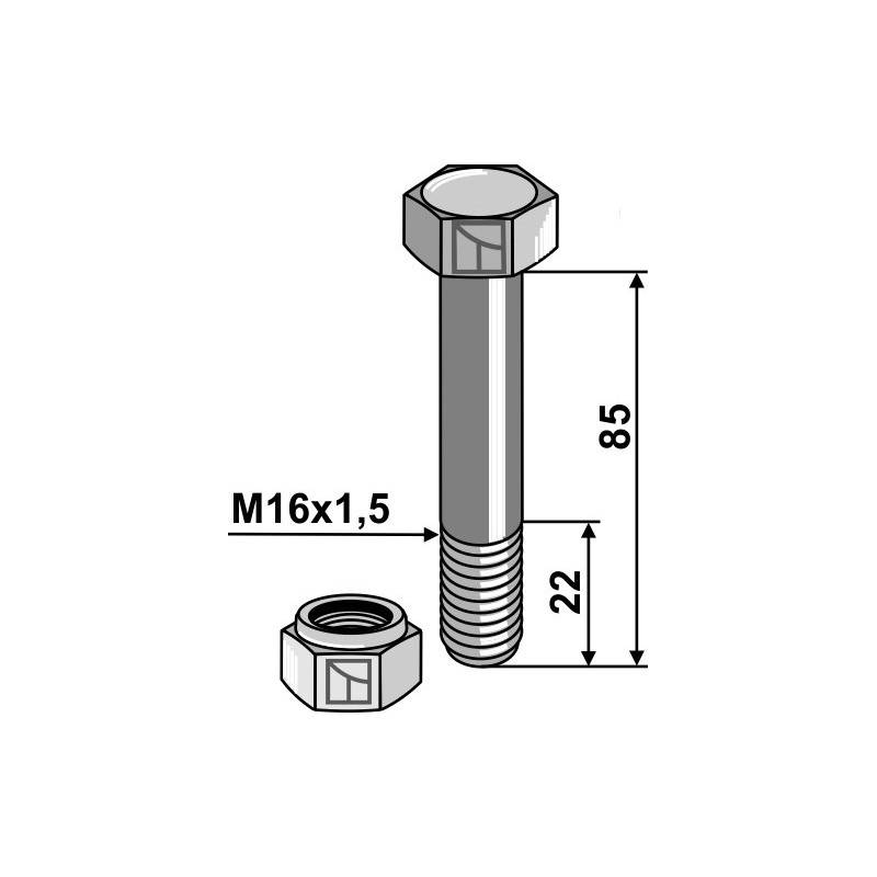 Boulon avec écrou frein - M16x1,5 - 10.9 - Müthing - Schraube MU980416 - Mutter MU980417