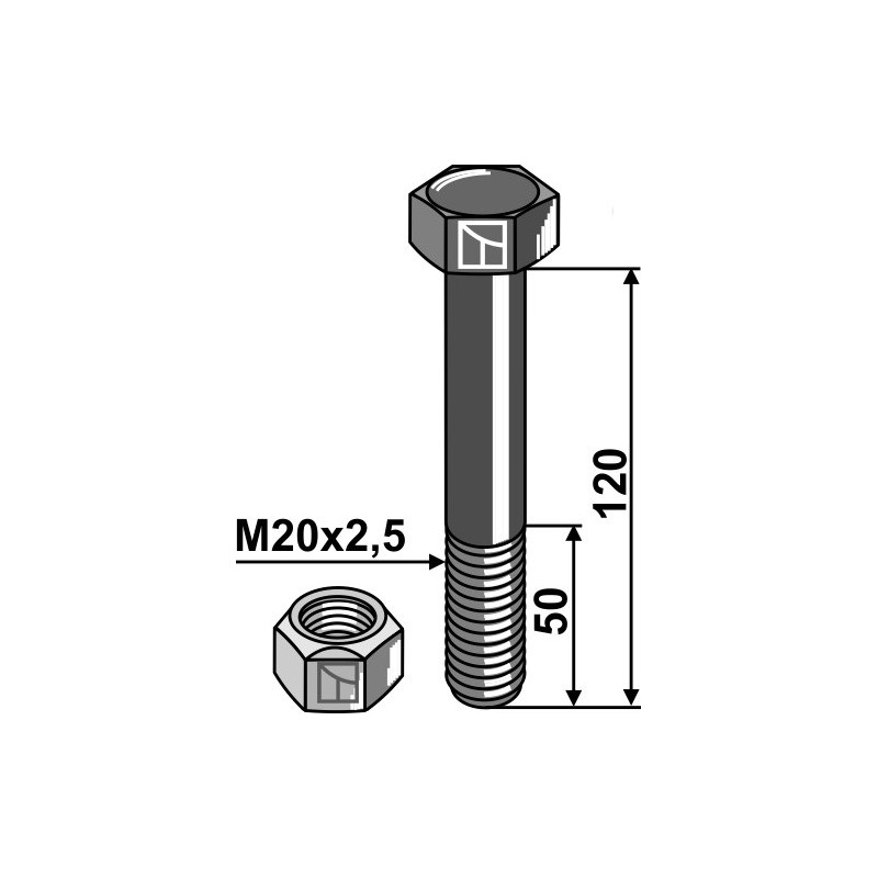 Boulon avec écrou frein - M20 x 2,5 - 10.9 - Agromec - Schraube: 3002392 - Mutter: 1012420