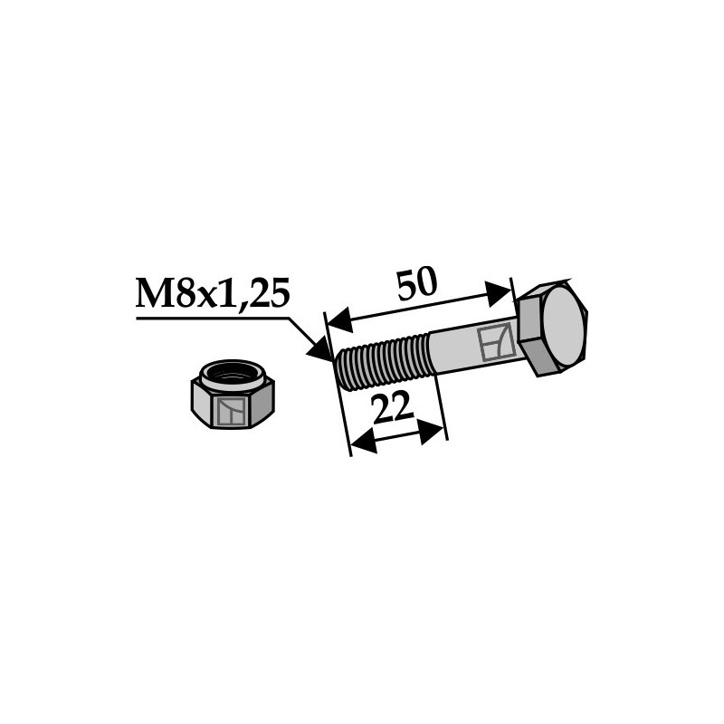 Boulon avec écrou frein - M8x1,25 - Rousseau - Schraube: 4.9502.30 / Mutter: 4.2006.04