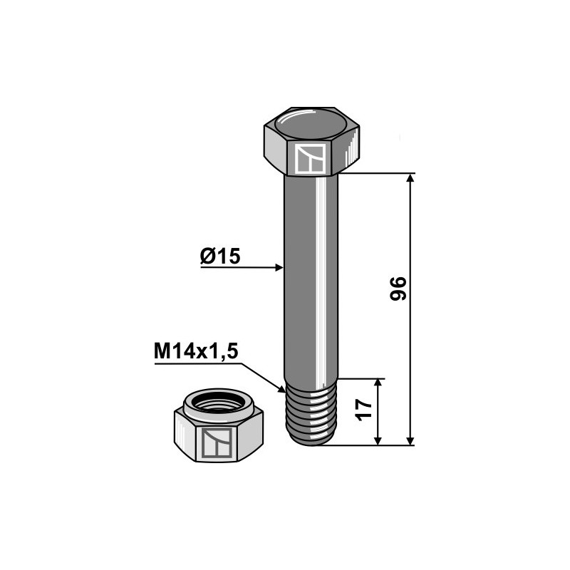 Boulon avec écrou frein - M14x1,5 - 10.9 - Bomford - Schraube 05.775.10 - Mutter 05.968.06