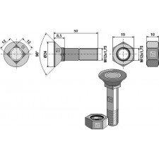 Boulon de charrue M12x1,75x50 et écrou hexagonal - Lemken - 3015789