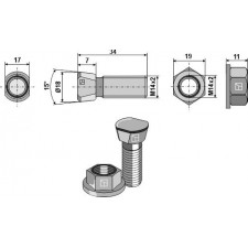 Boulon de charrue M14x2x34 avec écrou à embase - Kverneland - Schraube: KK013332 / KK013333 - Mutter: KK016015