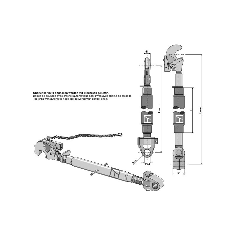 Barre de poussée avec crochet automatique et articulation M30 x 3,5 - AG010666