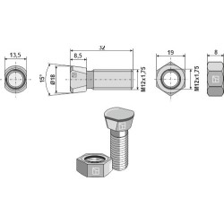 Boulon de charrue M12x1,75x32 avec écrou hexagonal - Niemeyer - 502500