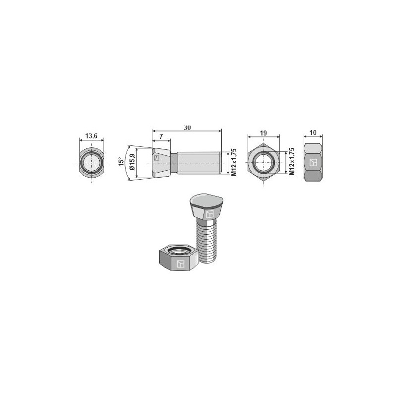 Boulon de charrue M12 x 1,75 x 30 avec écrou hexagonal - Frost - 50792