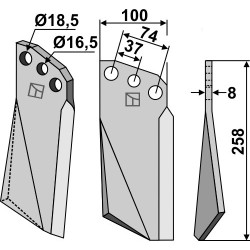 Dent rotative 258x100mm, droit - Kuhn - 522602