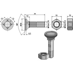 Boulon de charrue M12x1,75x36 et écrou hexagonal - Lemken - 3015789