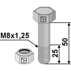 Boulon à tête hexagonale M8x1,25x50 avec écrou à freinage interne - Agria - Schraube: 71011 Mutter: 28110