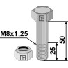 Boulon à tête hexagonale M8x1,25x50 avec écrou à freinage interne - Agria - Schraube: 71011 Mutter: 28110
