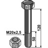 Boulon à tête hexagonale M20x2,5x120 avec écrou à freinage interne - Agromec - Schraube: 3002392 - Mutter: 1012420