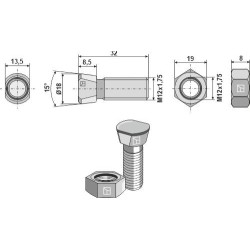 Boulon de charrue M12x1,75x32 avec écrou hexagonal - Niemeyer - 502500