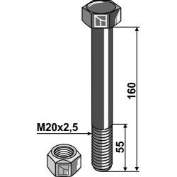 Boulon à tête hexagonale M20x2,5x160 avec écrou à freinage interne