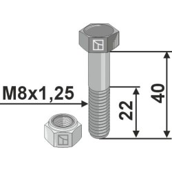 Boulon à tête hexagonale M8x1,25x40 avec écrou à freinage interne - Agrimaster - 1100816