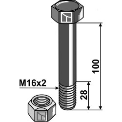 Boulon à tête hexagonale M16x2x100 avec écrou à freinage interne - Müthing - MU980408 / MU980401