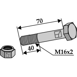 Boulon à tête hexagonale M16x2x70 avec écrou à freinage interne - Kverneland - KG00338961
